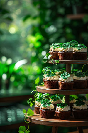 Decorated green cupcakes with cream on blurred background. Food for birthday, party, Patrick's Dayの素材