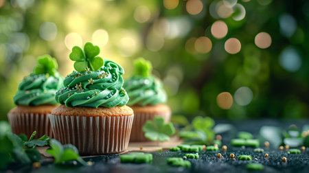 Decorated green cupcakes with cream on blurred background. Food for birthday, party, Patrick's Dayの素材