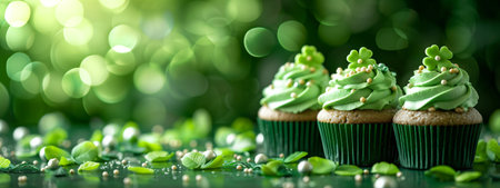 Decorated green cupcakes with cream on blurred background. Food for birthday, party, Patrick's Dayの素材