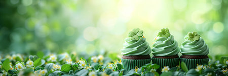 Decorated green cupcakes with cream on blurred background. Food for birthday, party, Patrick's Dayの素材