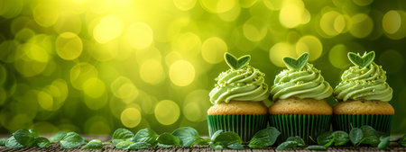 Decorated green cupcakes with cream on blurred background. Food for birthday, party, Patrick's Dayの素材