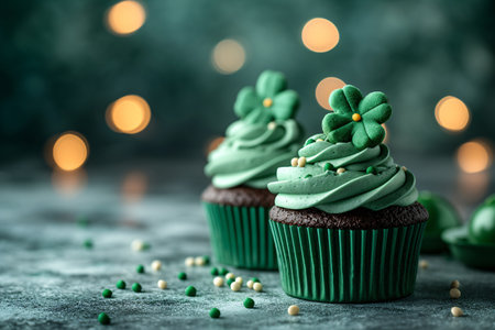 Decorated green cupcakes with cream on blurred background. Food for birthday, party, Patrick's Dayの素材