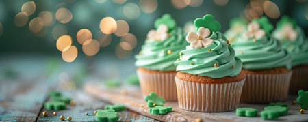 Decorated green cupcakes with cream on blurred background. Food for birthday, party, Patrick's Dayの素材
