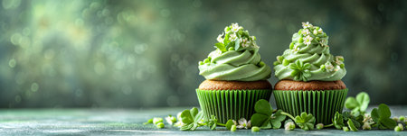 Decorated green cupcakes with cream on blurred background. Food for birthday, party, Patrick's Dayの素材
