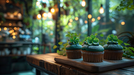 Decorated green cupcakes with cream on blurred background. Food for birthday, party, Patrick's Dayの素材