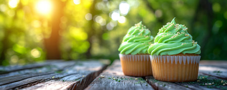 Decorated green cupcakes with cream on blurred background. Food for birthday, party, Patrick's Dayの素材