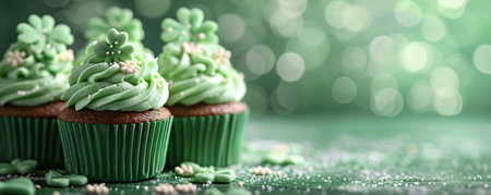 Decorated green cupcakes with cream on blurred background. Food for birthday, party, Patrick's Dayの素材