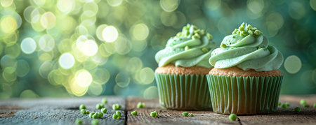 Decorated green cupcakes with cream on blurred background. Food for birthday, party, Patrick's Dayの素材