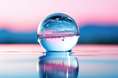 Drop of liquid water, oil on gradient blue and purple background. Cosmetic moisturizing conceptの素材