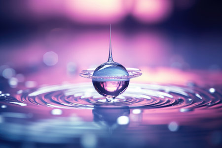 Drop of liquid water, oil on gradient blue and purple background. Cosmetic moisturizing conceptの素材
