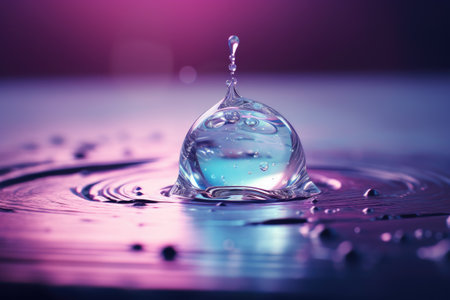 Drop of liquid water, oil on gradient blue and purple background. Cosmetic moisturizing conceptの素材