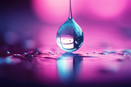 Drop of liquid water, oil on gradient blue and purple background. Cosmetic moisturizing conceptの素材