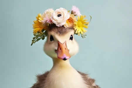 Small duckling with a floral wreath. Little yellow duck with spring flowers. Happy Easterの素材