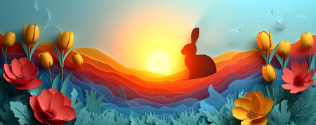 Cute rabbit with tulip flowers. Bunny on spring sunny field. Funny pet. Happy Easterの素材