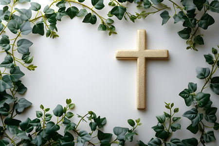Golden Christian cross with leaves and flowers. Easter holiday. Christian awakening life symbolの素材