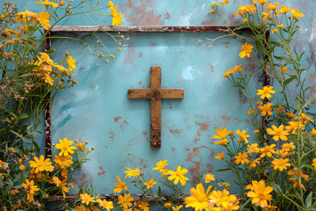 Golden Christian cross with leaves and flowers. Easter holiday. Christian awakening life symbolの素材