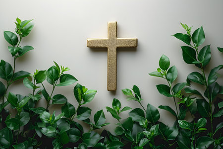Golden Christian cross with leaves and flowers. Easter holiday. Christian awakening life symbolの素材