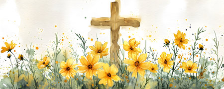 Golden Christian cross with leaves and flowers. Easter holiday. Christian awakening life symbolの素材