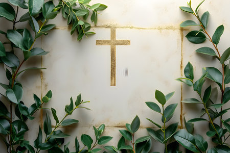 Golden Christian cross with leaves and flowers. Easter holiday. Christian awakening life symbolの素材