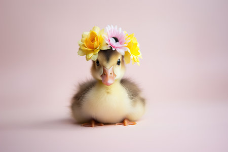 Small duckling with a floral wreath. Little yellow duck with spring flowers. Happy Easterの素材