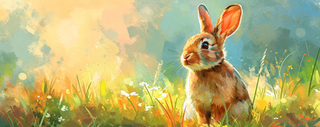 Small cute rabbit with spring flowers and leaves on background. Easter cartoon characterの素材