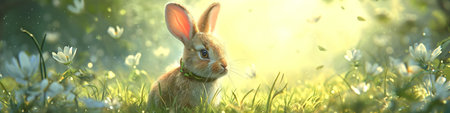 Small cute rabbit with spring flowers and leaves on background. Easter cartoon characterの素材