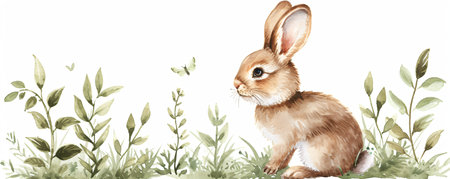 Small cute rabbit with spring flowers and leaves on background. Easter cartoon characterの素材