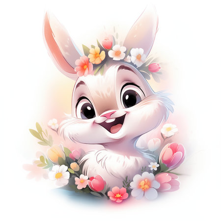 Small cute rabbit with spring flowers and leaves on background. Easter cartoon characterの素材