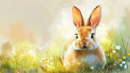Small cute rabbit with spring flowers and leaves on background. Easter cartoon characterの素材