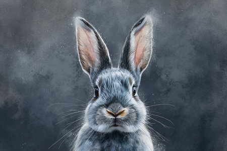 Small cute rabbit with spring flowers and leaves on background. Easter cartoon characterの素材