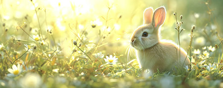Small cute rabbit with spring flowers and leaves on background. Easter cartoon characterの素材