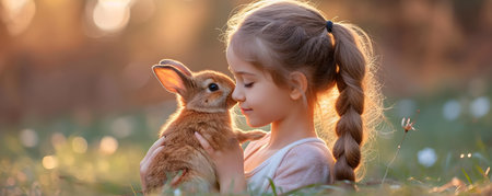Cute little girl with little rabbit at sunny spring field. Happy Easter conceptの素材