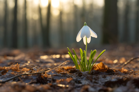 Snowdrops flowers in the snow in garden or forest. First wild flower in sunlight. Spring conceptの素材