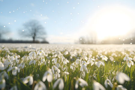 Snowdrops flowers in the snow in garden or forest. First wild flower in sunlight. Spring conceptの素材