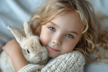 Cute little girl with little rabbit at sunny spring field. Happy Easter conceptの素材