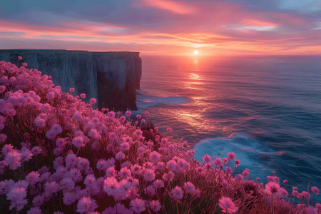 Scenic view of garden with pink flowers against mountain and sea. Spring or summer landscapeの素材