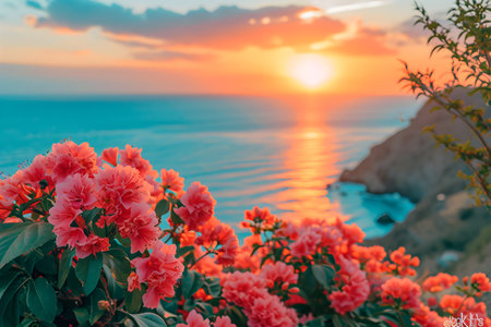Scenic view of garden with pink flowers against mountain and sea. Spring or summer landscapeの素材