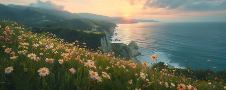 Scenic view of garden with pink flowers against mountain and sea. Spring or summer landscapeの素材