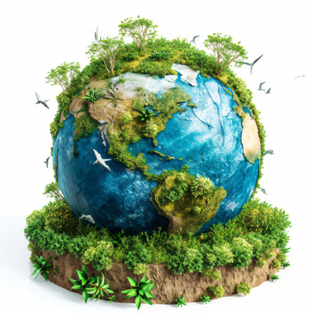 Earth globe with green leaves and plants on white background. Environment and conservation conceptの素材