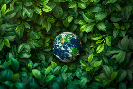 Earth globe with green leaves and plants in nature. Environment and conservation conceptの素材