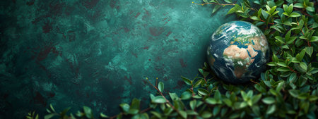Earth globe with green leaves and plants in nature. Environment and conservation conceptの素材