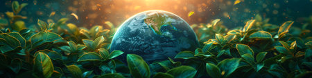 Earth globe with green leaves and plants in nature. Environment and conservation conceptの素材