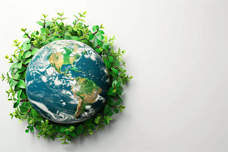 Earth globe with green leaves and plants on white background. Environment and conservation conceptの素材