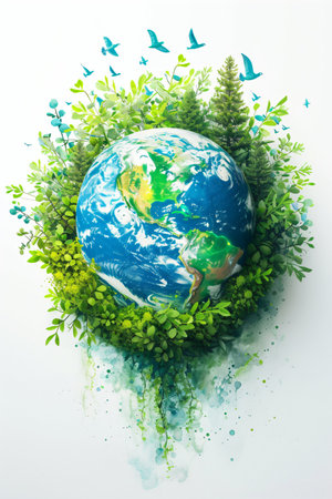 Earth globe with green leaves and plants on white background. Environment and conservation conceptの素材