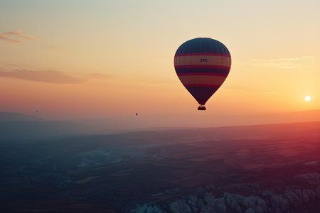 Colorful hot air balloon flying early in the morning over the mountain. Sunrise or sunset viewの素材