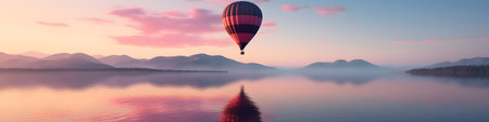 Colorful hot air balloon flying early in the morning over the mountain. Sunrise or sunset viewの素材