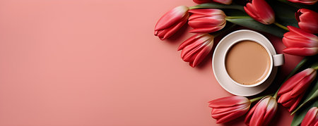 Morning coffee cup with bouquet of tulips on light background. Hot drink with spring flowersの素材