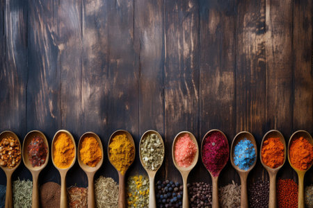Various of colorful herbs and spices in spoons for cooking on wooden table. Asian, Italian or Indianの素材