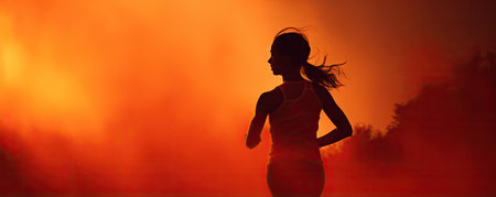 Beautiful woman running early morning sunrise, workout on misty mountain road workout jog. Runnerの素材