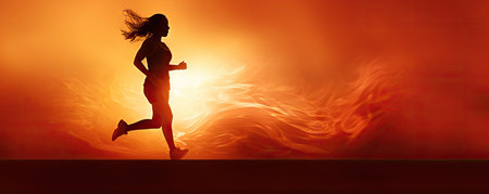 Beautiful woman running early morning sunrise, workout on misty mountain road workout jog. Runnerの素材